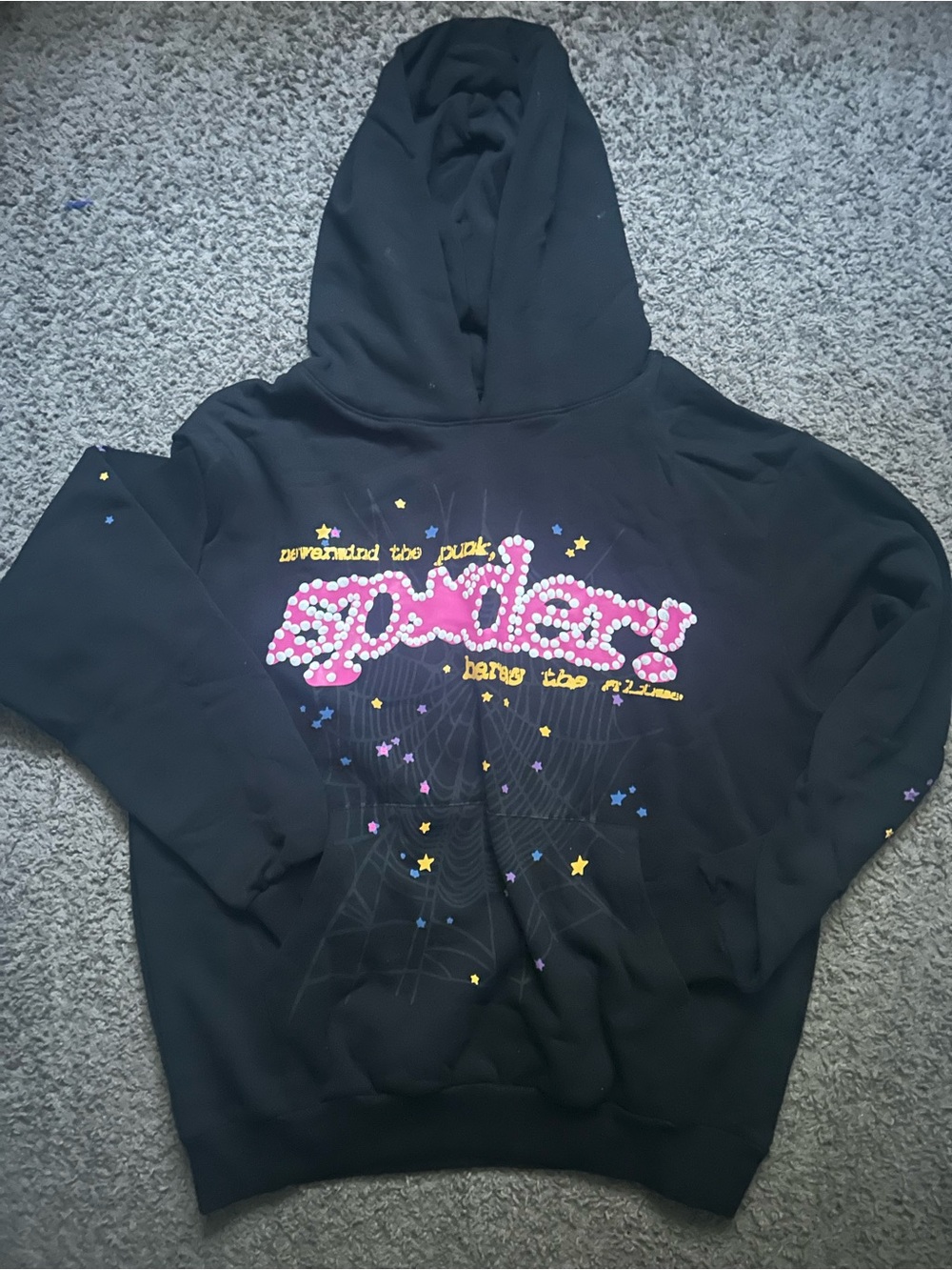 Black Graphic Hoodie Sweater with Pink Pearl Lettering